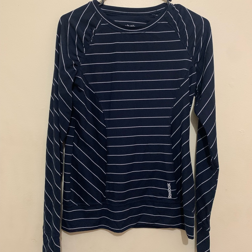 Reebok Women's Long Sleeve Navy and White Striped Tee